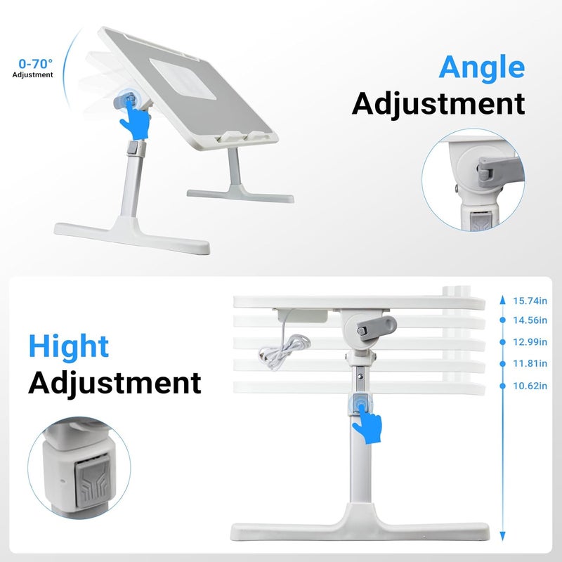 XTRA Laptop Lap Desk with Cooling Fan - Adjustable with Light, USB, Storage Drawer - Folding Bed Desk,23.62"*15.74",Grey - Image 2